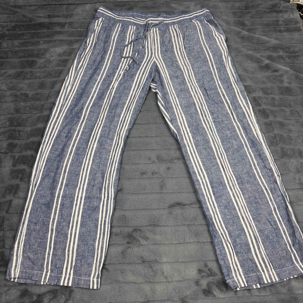 Old Navy Blue White Striped Linen Blend Wide Leg Drawstring Pants Large RN54023